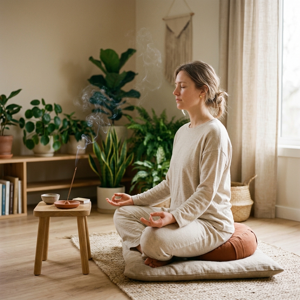 Calm home setting with incense for stress relief and meditation — relaxation and mindful rituals