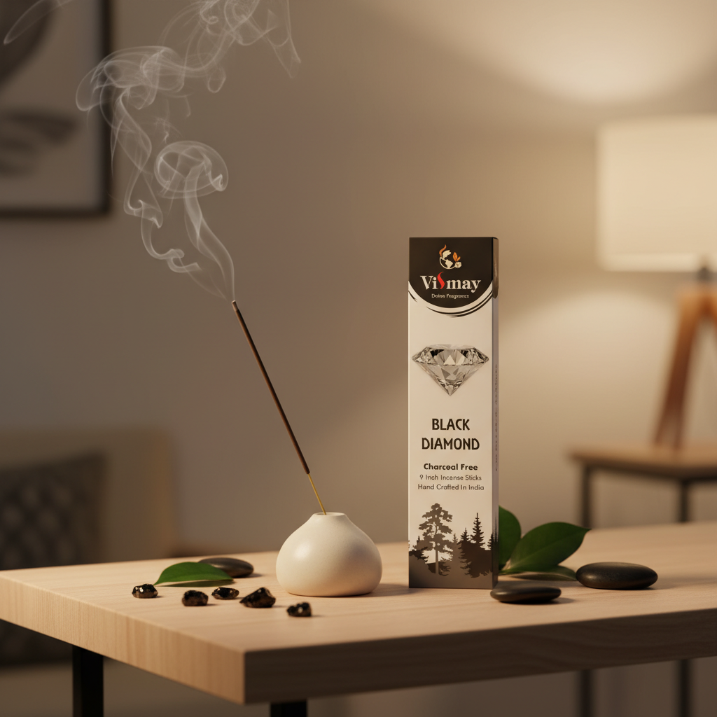 Black Diamond incense sticks in use with stones and greenery